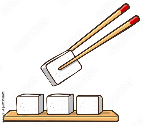 Illustration of three white cube tofu pieces on wooden board with chopsticks