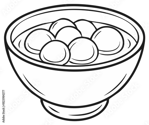 Black and White Illustration of a Bowl of Round Dumplings in Broth