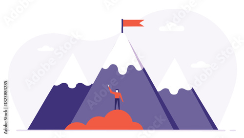 Vibrant abstract geometric mountain range with a small stylized figure and plant elements rendered in a bold colorful palette with clean lines and a modern aesthetic