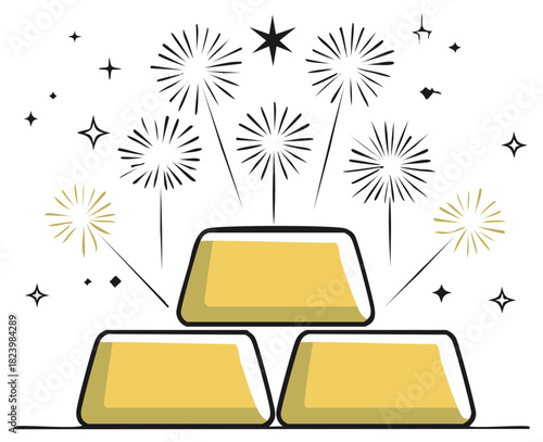 Gold Bars Stack Celebration Fireworks Sparkles Illustration