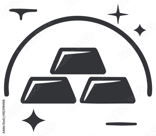 Stack of shiny gold bars enclosed in an arc with sparkling accents