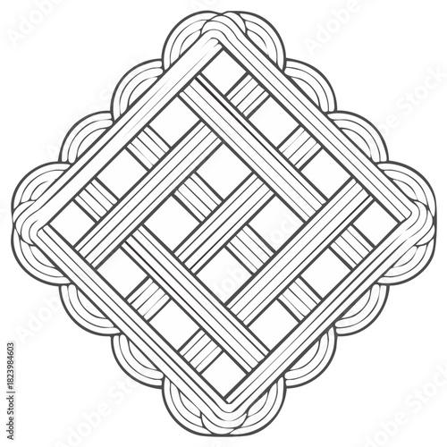 Symmetrical geometric line art of an interlaced lattice pattern with a decorative scalloped border