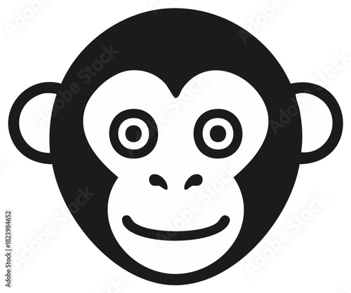 Smiling cartoon monkey face icon illustration simple black and white vector graphic symbol