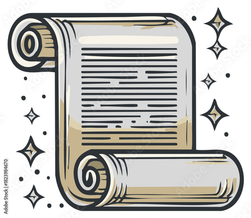 Ancient Scroll with Written Text and Sparkling Stars