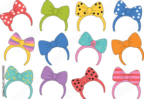 Colorful headband vector set, bow accessories collection, fashion hairbands for kids, cute design elements for style, decoration, playful, girly use
