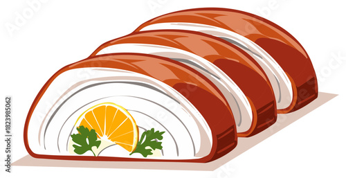 Elegant sliced food roll or fish terrine with orange and parsley garnish vector illustration