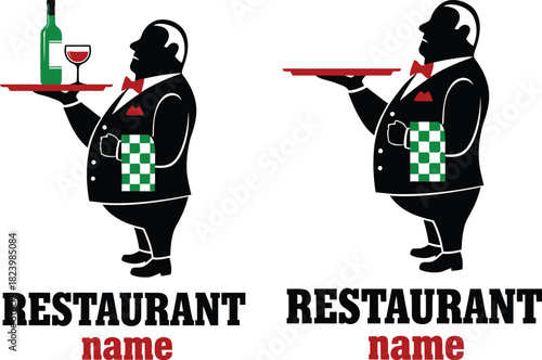 Waiter logo design for restaurant branding with wine and checkered towel