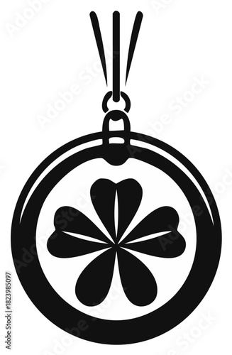 Circular good luck charm or medallion with four leaf clover symbol in simple black vector illustration