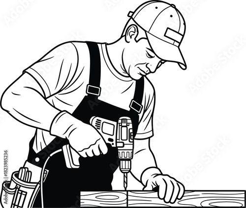 Carpenter drilling wood with power drill in black and white line drawing