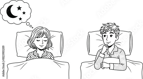 Couple in beds one dreaming of night sky the other awake and thinking