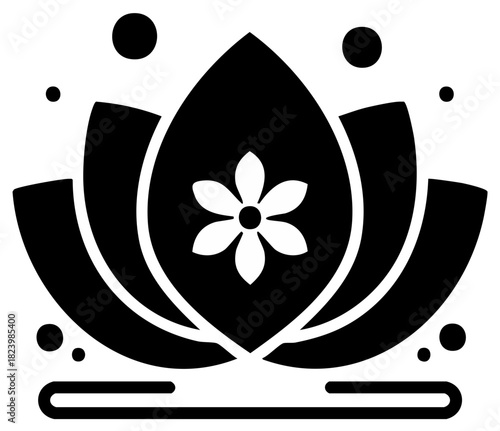 Abstract black lotus flower icon with floral center and floating dots