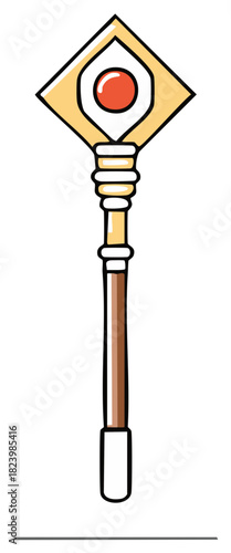 Golden magic staff with red gem, stylized fantasy wizard scepter isolated illustration