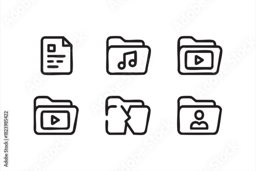Minimal media storage symbols featuring music, video and documents