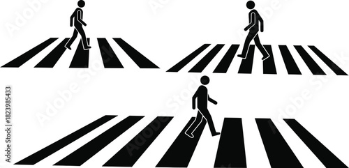 Pedestrians cross the street at zebra crossings in a simple black design