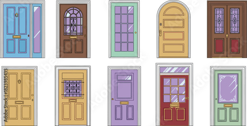 Collection of ten colorful front doors with unique designs and styles