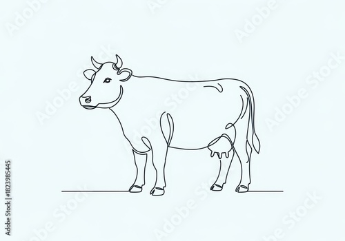 Elegant continuous line drawing of a domestic cow standing, illustrating its full body and udder, isolated on white background