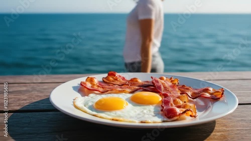 Breakfast of bacon and eggs on a plate by the sea