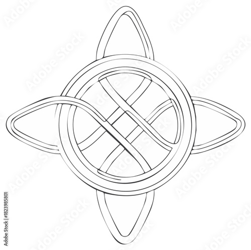 Intricate black and white line art of a stylized Celtic knot symbol with interwoven circular and pointed shapes.