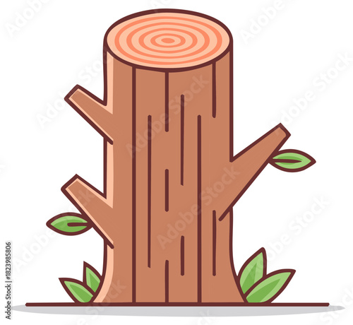 Stylized cartoon illustration of a thick tree stump with branches and green leaves emerging