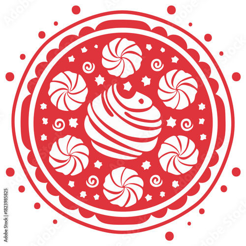 Red circle design with candies and stars decorative ornament