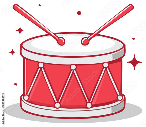 Toy drum with drumsticks red musical instrument children play and sound illustration