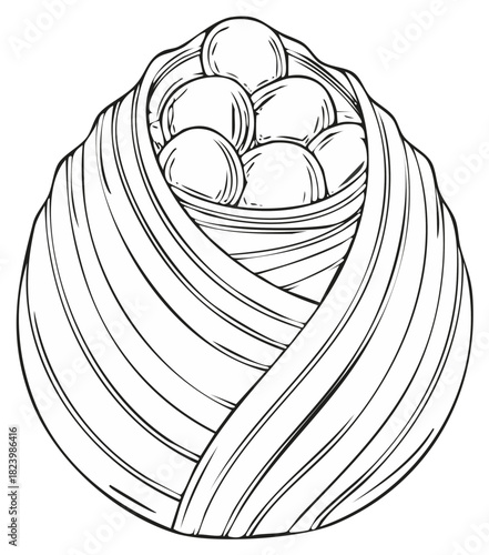 Black and white line art illustration of traditional fresh pasta nest with dumplings
