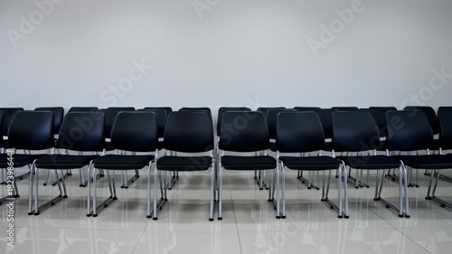 Rows of Empty Black Chairs in a Modern Conference Room