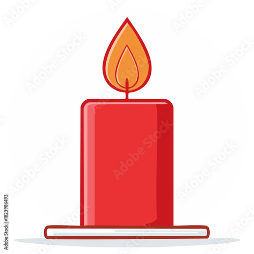 Bright red candle with a warm orange flame burning brightly on a white background