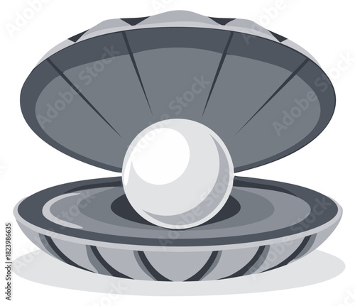 Shimmering pearl inside a gray oyster shell graphic vector art open scallop seashell treasure jewelry clam