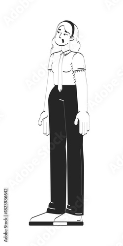 Amazed female office worker in business attire doodle linear character. Surprised blonde employee open mouth standing 2D vector outline person isolated. Hand drawn drawing illustration monochrome
