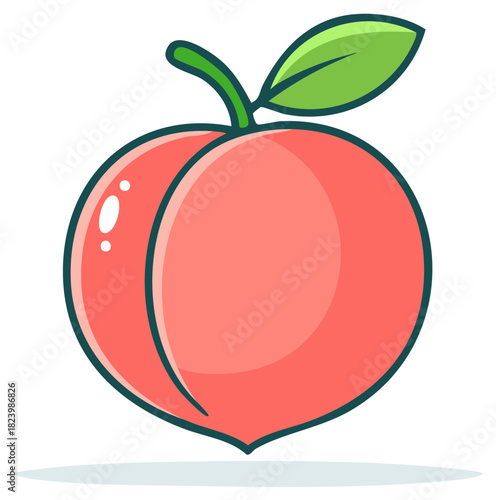Cartoon Style Peach with Green Stem and Leaf Fresh Fruit Healthy Diet Isolated