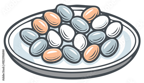 A plate of colorful pastel sugared almonds or Jordan almonds candy illustration