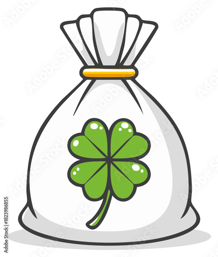 Money bag with four leaf clover symbol for good luck and fortune
