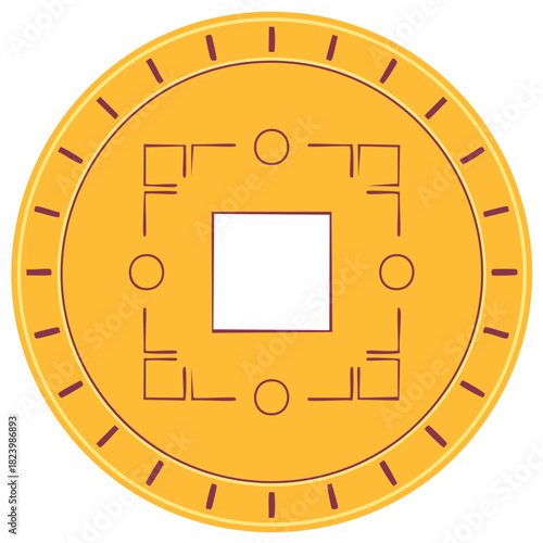 Stylized Chinese coin illustration, golden currency with square hole, ancient traditional finance symbol