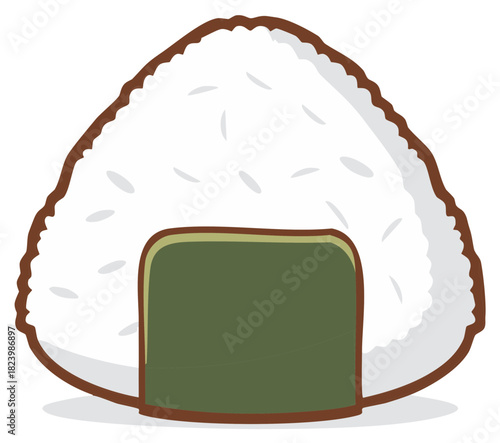 Traditional Japanese Onigiri rice ball with nori seaweed illustration in a simple cartoon style.