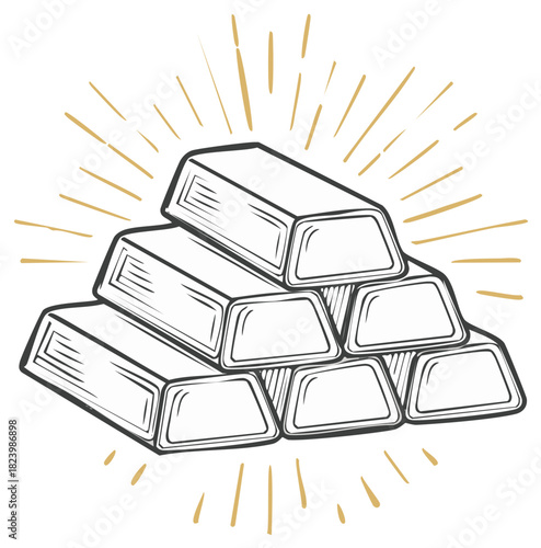 Vintage style image of a stack of gold bars with golden light rays radiating behind