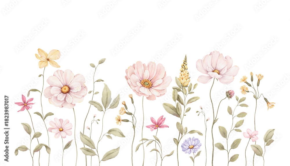 Fototapeta premium Watercolor cute floral border with delicate flowers and green plants. Isolated illustration for cute wallpapers, mural for childish room, invitation or greeting cards. Hand-drawn design elements.
