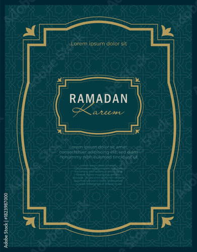 Elegant blue design with gold lines featuring a religious Ramadan theme, combining geometric patterns and refined decorative elements.