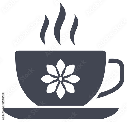 A cup and saucer with a floral design and steam rising