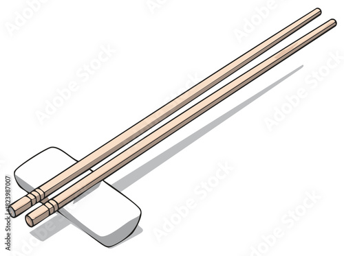 Two wooden chopsticks resting on a white chopstick rest in isometric view with shadow