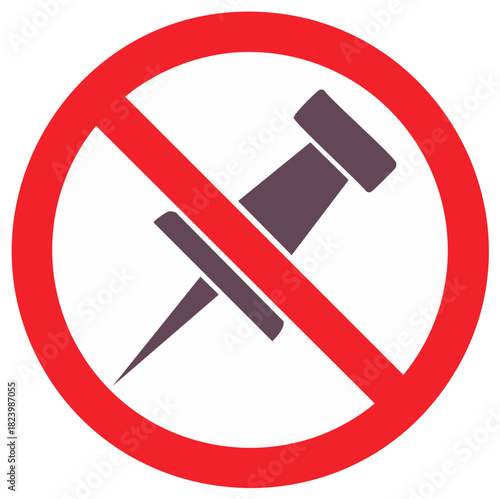 No push pins allowed icon. Red prohibition symbol forbidding thumbtacks and pinning.