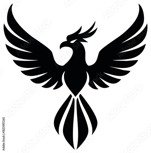 Stylized Black Phoenix Spreading Wings in Majestic Flight Silhouette
