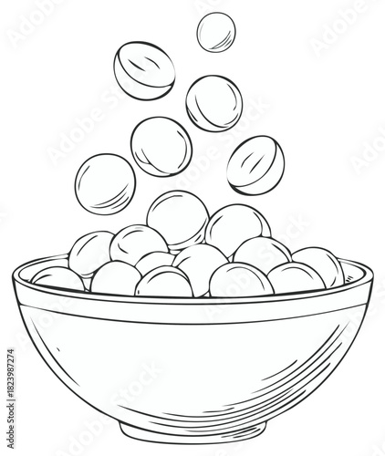 Hand drawn sketch of macadamia nuts falling into a deep bowl