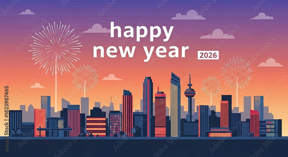 Obraz premium Happy new year 2026 celebration cityscape with fireworks and colorful sky