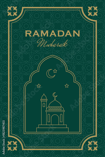 Elegant Ramadan Kareem banner with gold line mosque and lanterns on a green arabesque pattern background. Perfect for Islamic holiday greetings and festive design.