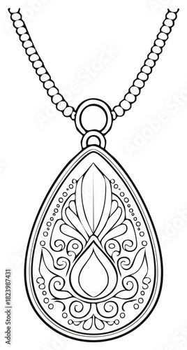 ornate teardrop pendant necklace with intricate swirling patterns and beaded chain
