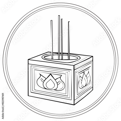 Traditional Incense Burner with Sticks Black and White Line Art Icon