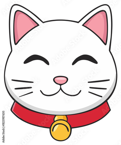 Happy White Maneki Neko Lucky Cat Face with Red Collar and Gold Bell Vector Illustration