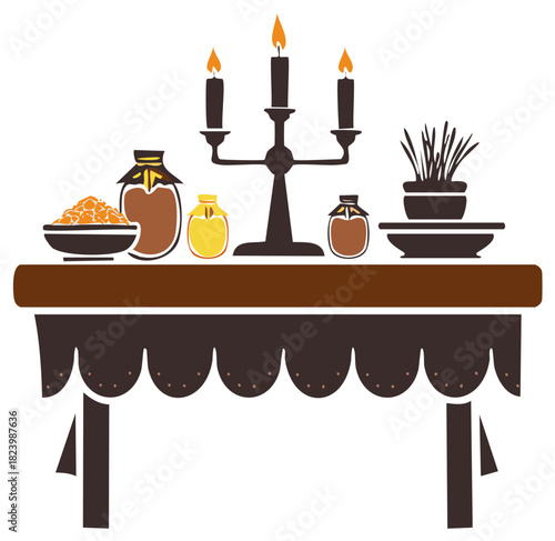 Festive table setting with glowing candelabra decorative jars sweets and fresh greenery