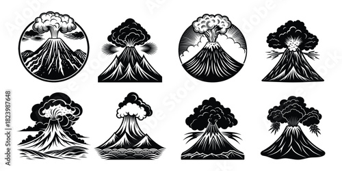 Set of black volcano hand drawn vector illustrations and sketches of Christmas trees and mountain nature symbols